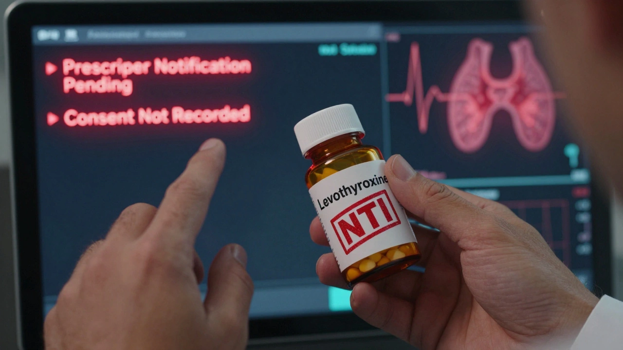 Patient holding a levothyroxine bottle with NTI warning as pharmacist attempts to document substitution with system alerts flashing.