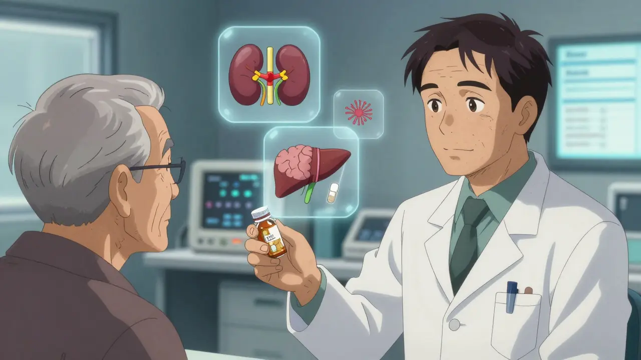 Pharmacist giving adjusted medication to senior, with floating icons showing age-related changes in drug processing.