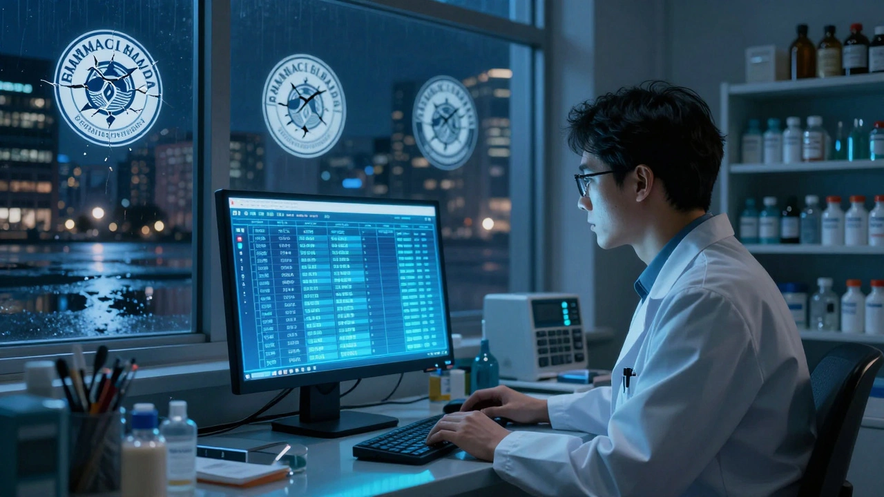 Pharmacist reviewing blockchain substitution records at night, city reflections showing state pharmacy seals cracking.