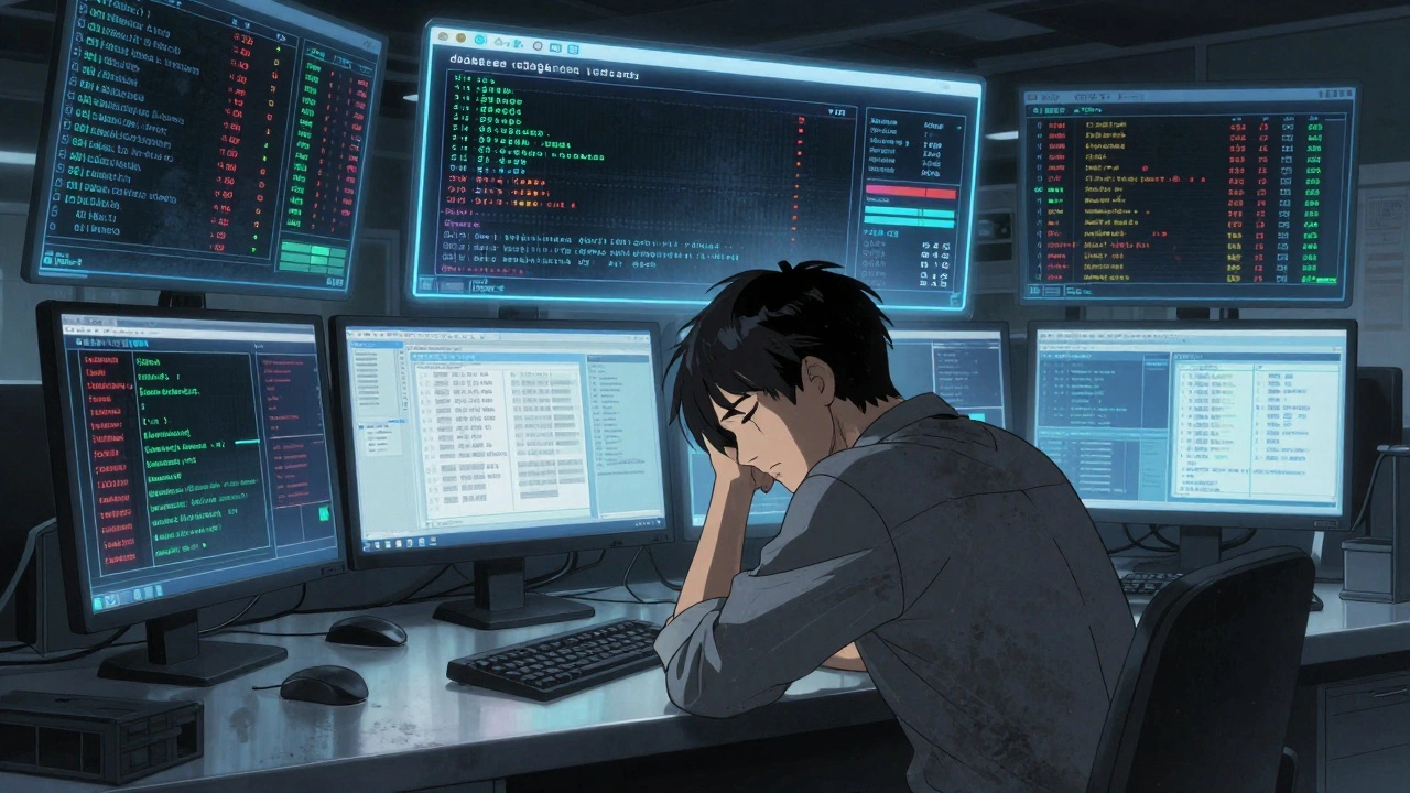 Pharmacovigilance analyst surrounded by holographic regulatory data streams, an AI error causing a critical safety signal to fade.