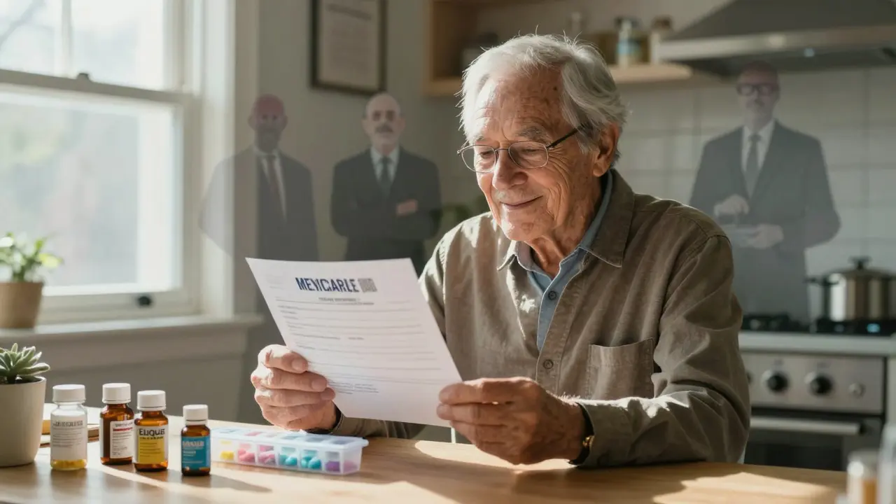 Senior reads Medicare drug price negotiation letter, sunlight on medication bottles as corporate shadows fade.