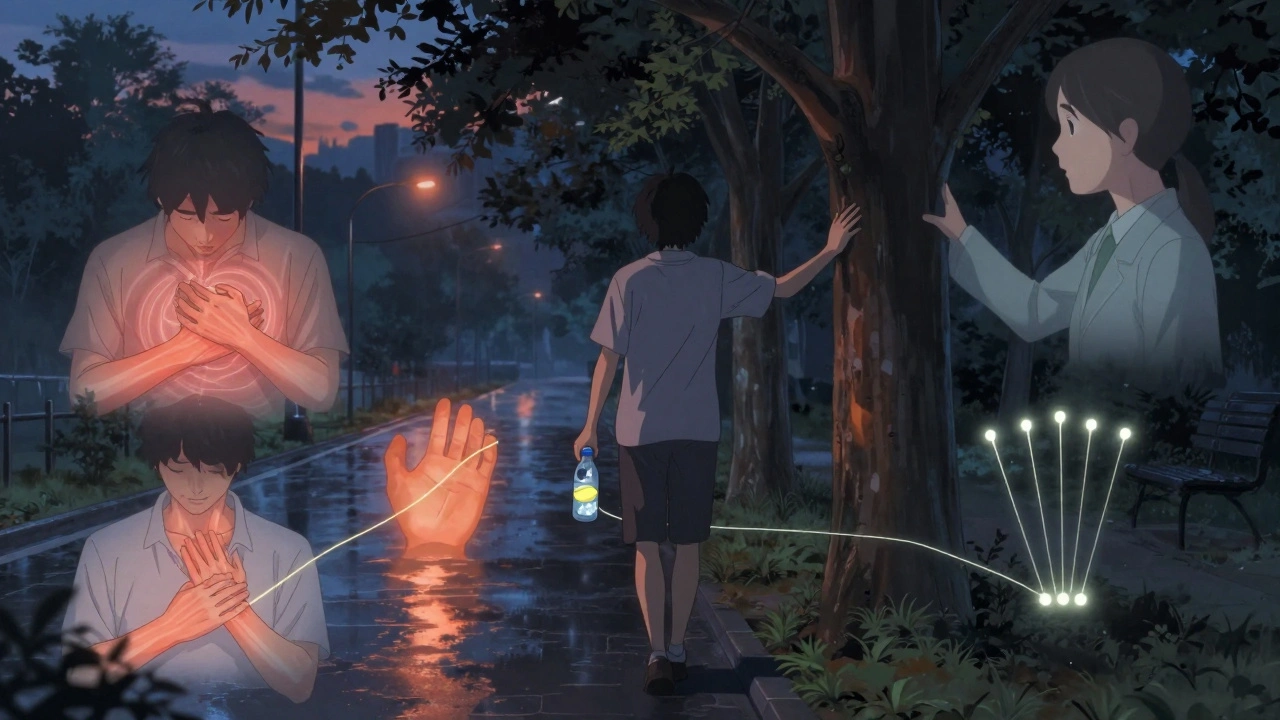 Someone walks peacefully through a park at dusk, fading withdrawal symptoms dissolving around them in soft anime tones.