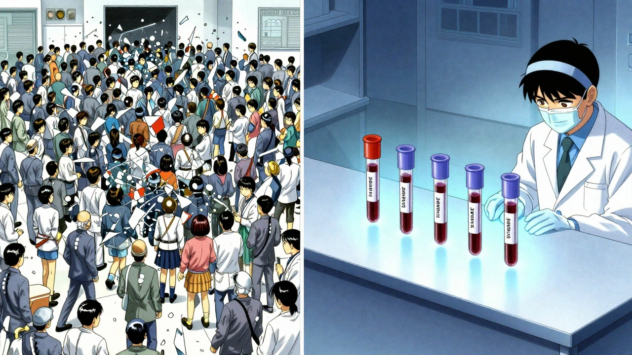 Split-panel: chaotic 100-subject trial vs. quiet 28-subject replicate study with clean, approved results.