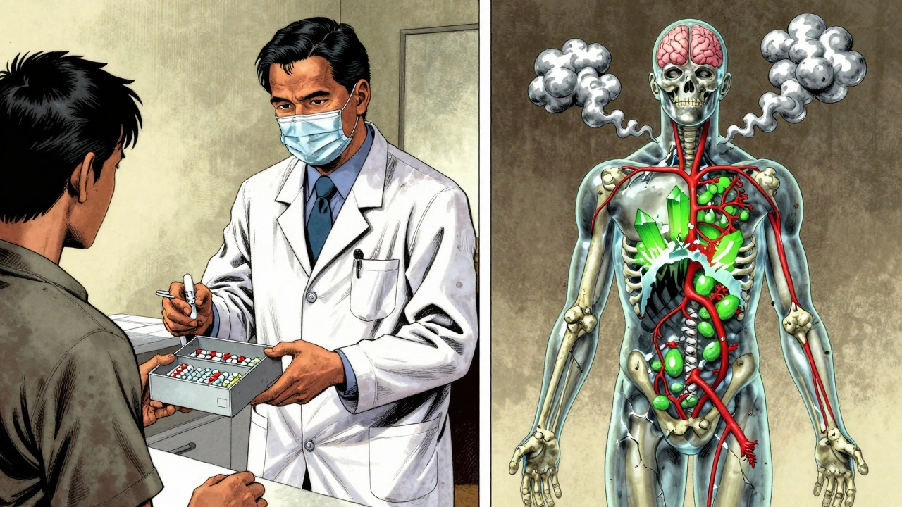 Split scene: medicine cabinet vs. body with calcium deposits and aluminum clouds.
