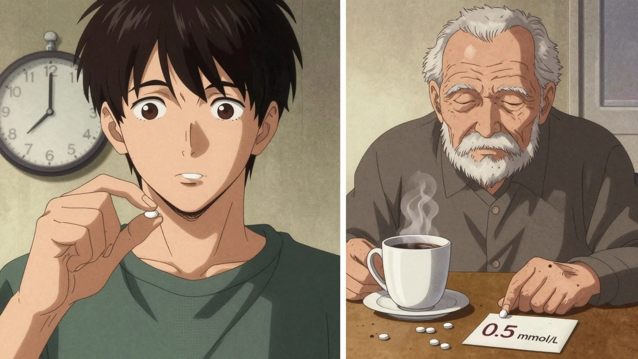 Split scene of young and elderly person taking different lithium formulations.