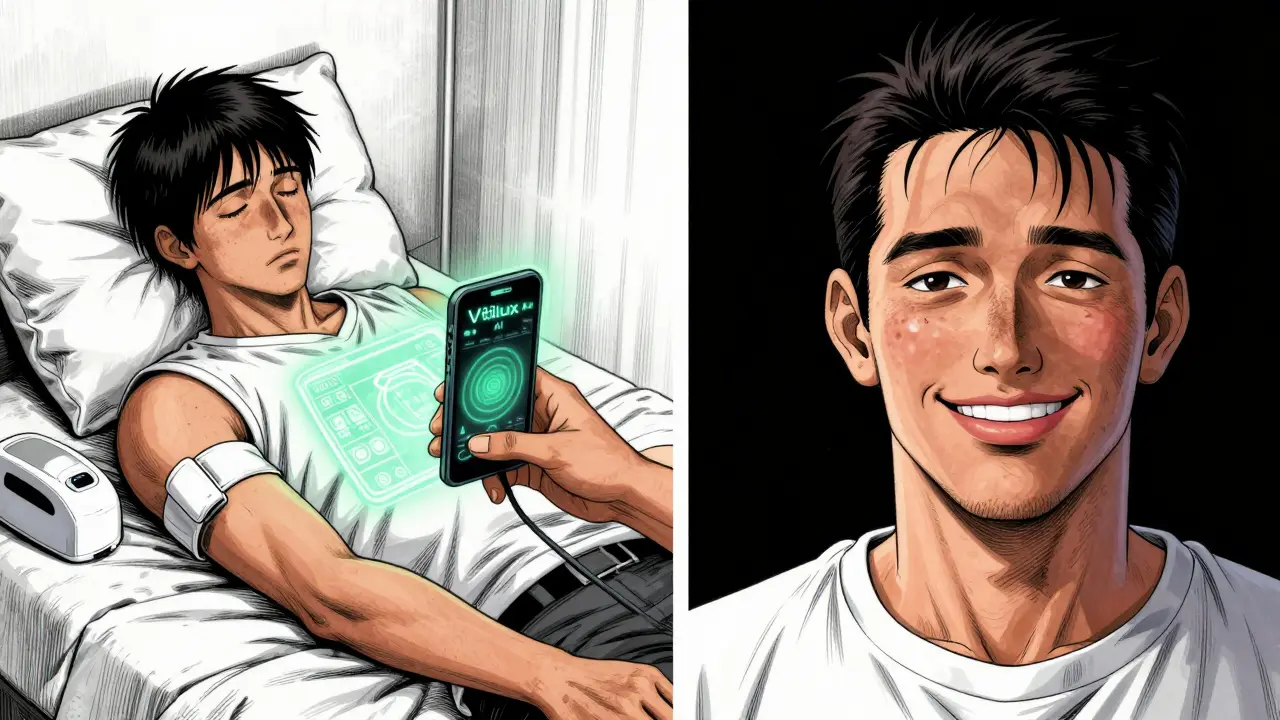 Split scene: patient using AI phototherapy device at home, then smiling with restored skin color.