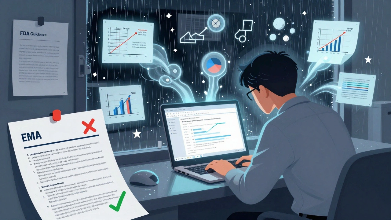 Statistician analyzing replicateBE R package with floating statistical models and regulatory documents on wall.