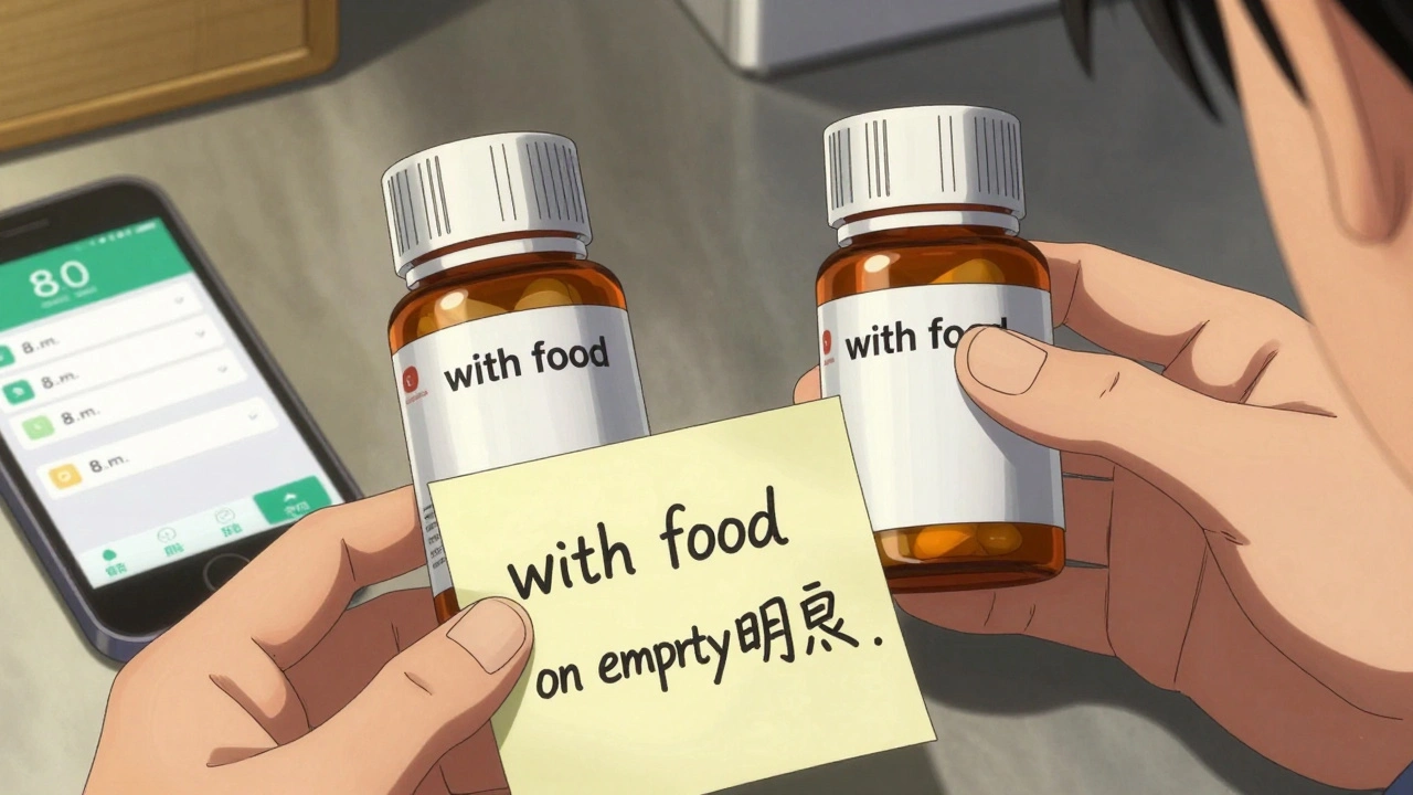 Two pill bottles with conflicting instructions side by side, with handwritten notes being made.