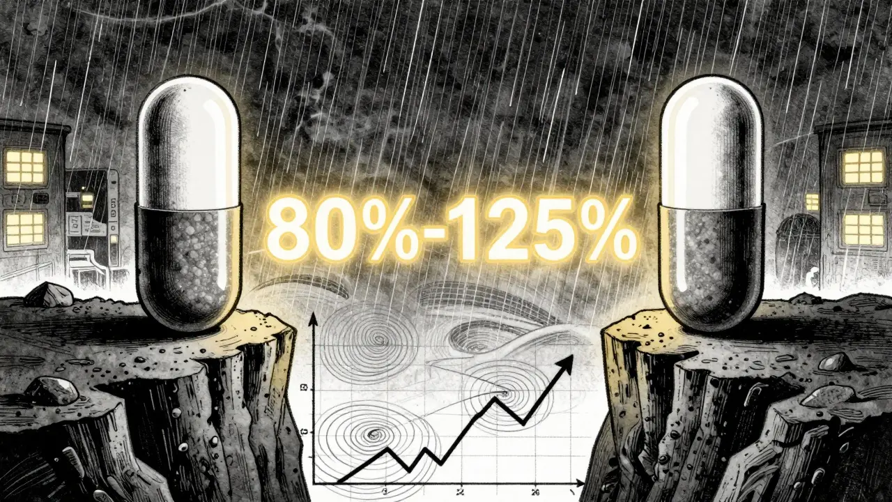 Two pills on cliffs facing each other, separated by a glowing 80%-125% boundary.