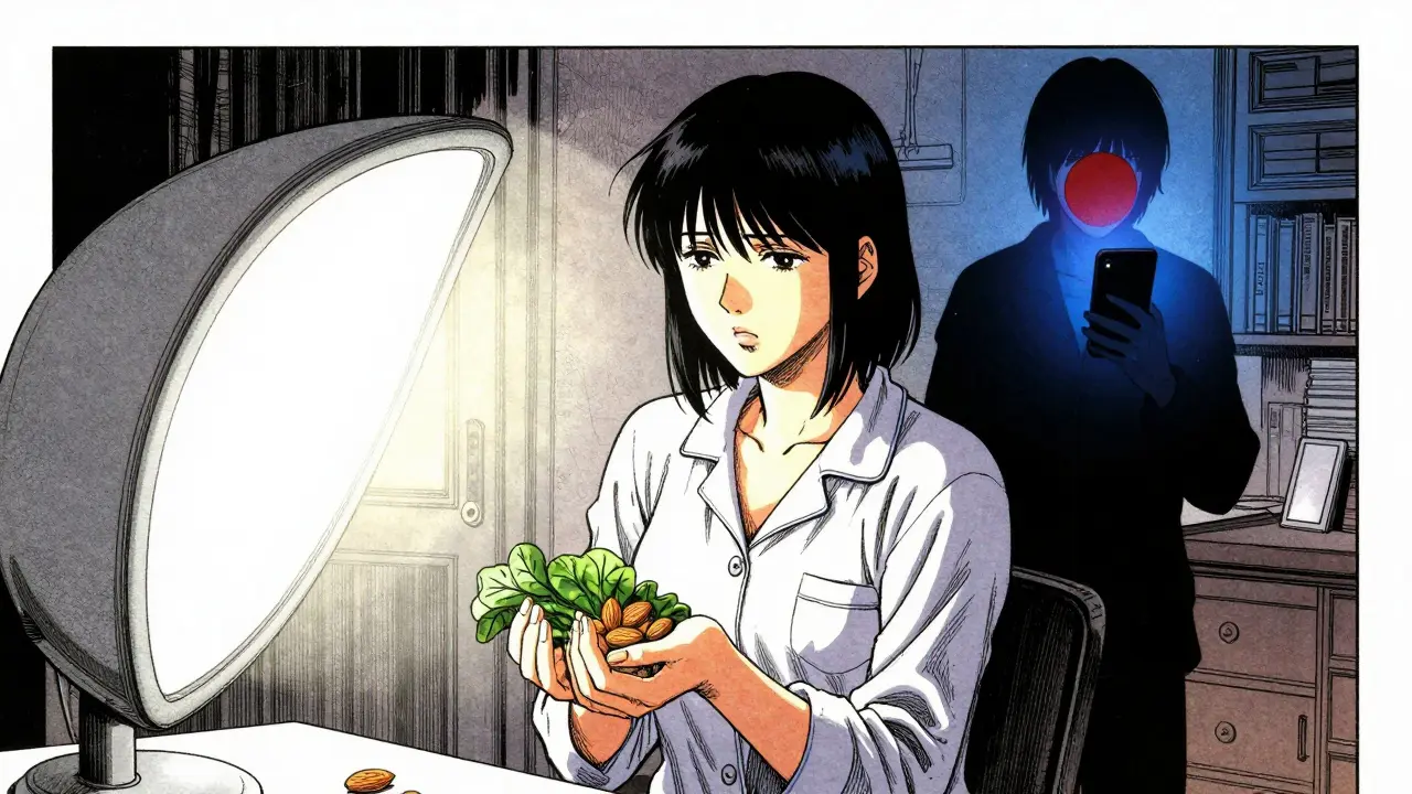 Woman receiving morning light therapy while holding magnesium-rich foods, blue phone light blocked by red filter.