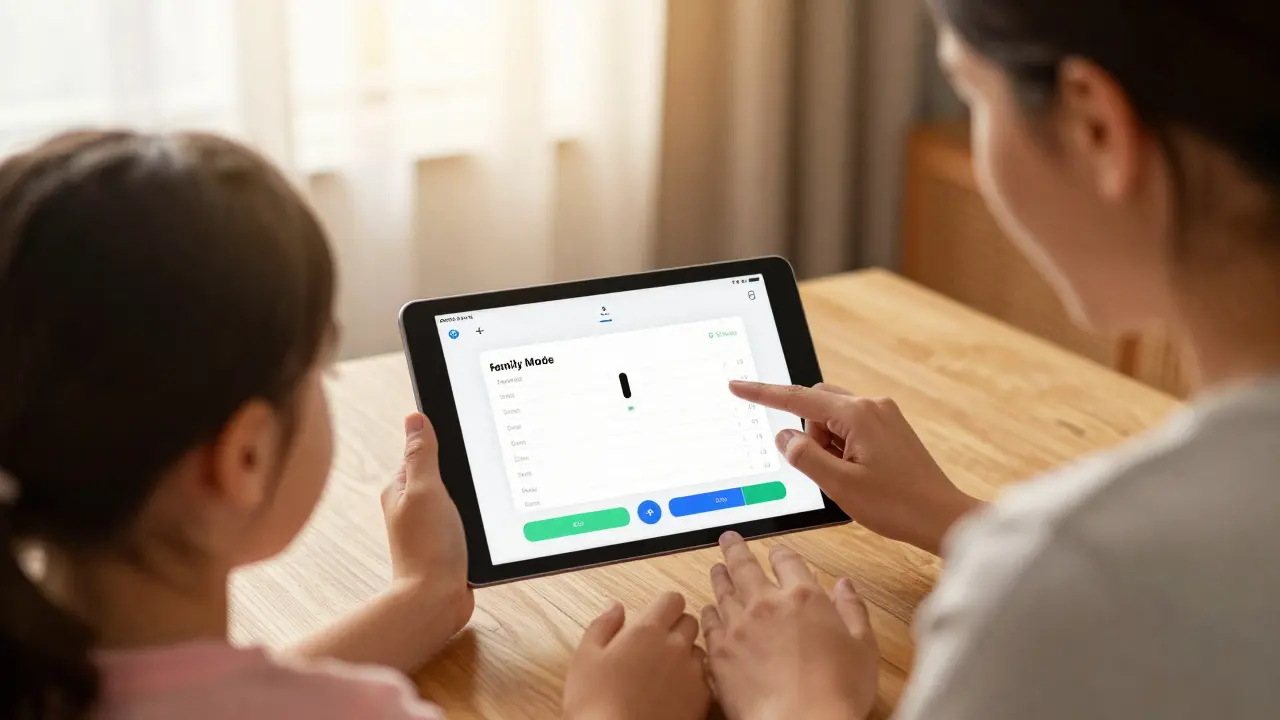 A Brazilian family interacting with a health app, activating a family-sharing feature under warm evening light.