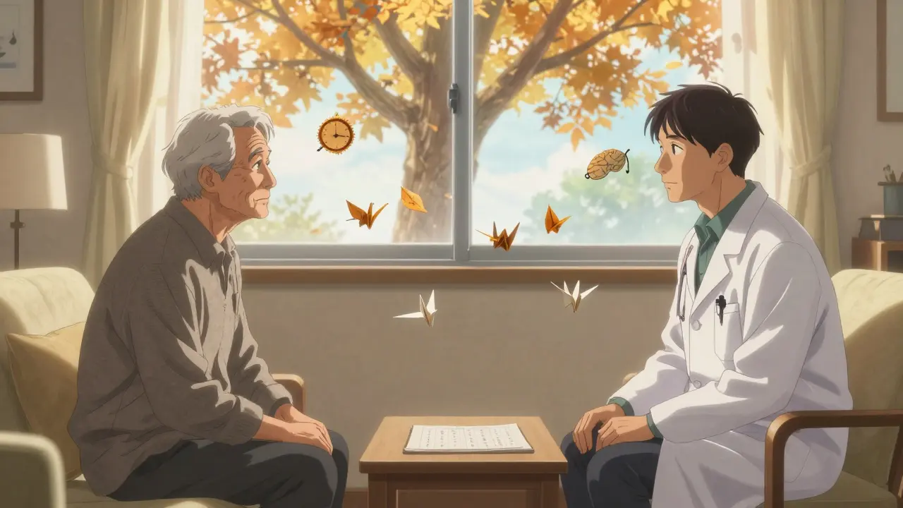 A geriatric psychiatrist and elderly patient sharing a taper plan, with symbolic leaves of recovery floating outside the window.
