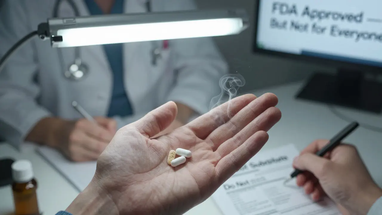 A hand holds brand and generic pills side by side under harsh light, with invisible differences swirling like smoke.