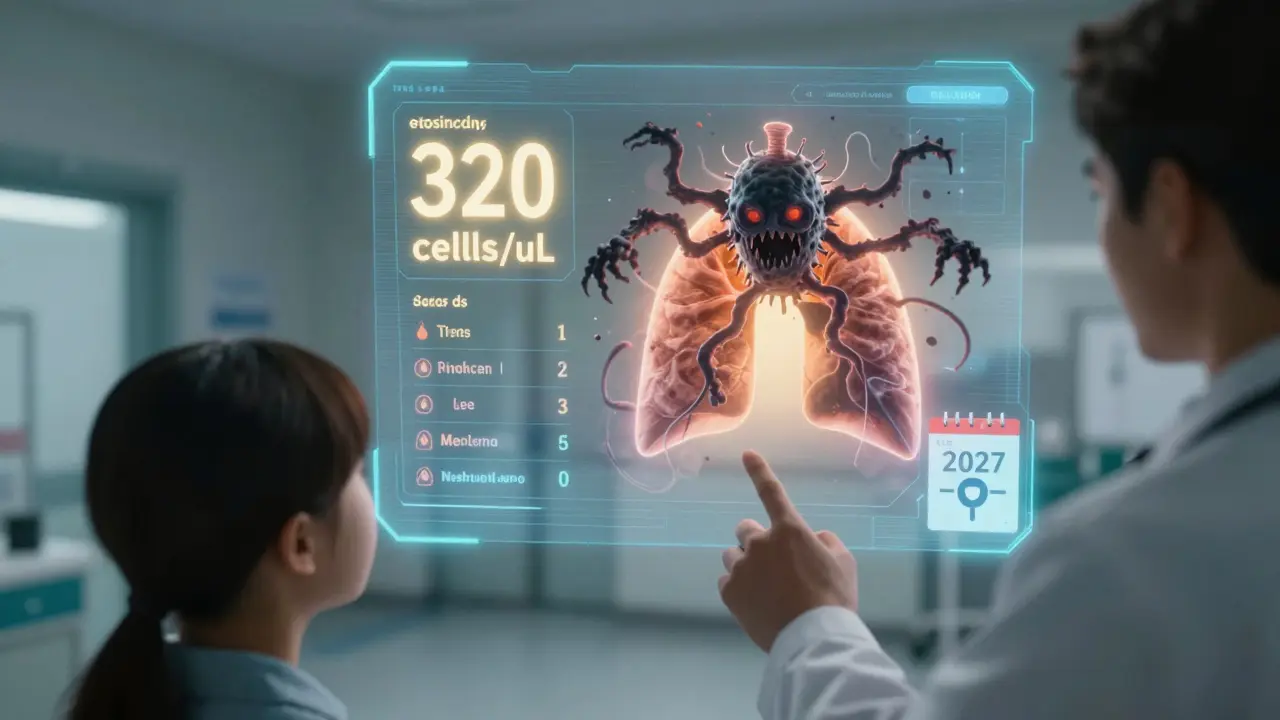 A medical chart showing high eosinophil levels repelling a pneumonia monster, symbolizing targeted therapy effectiveness.
