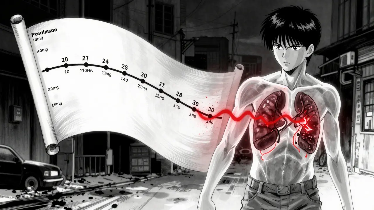 A medical taper timeline floats above a patient, their body revealing slowly re-igniting adrenal glands like embers.