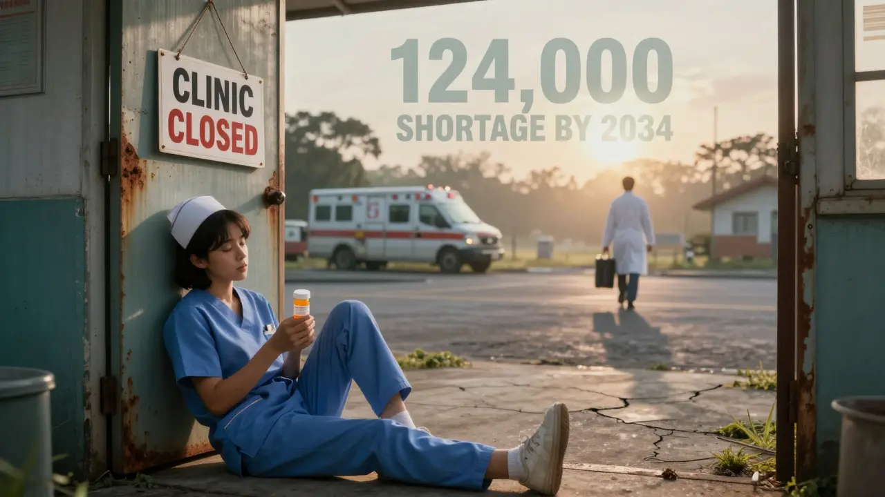 A nurse holds an empty prescription bottle outside a closed rural clinic as a doctor walks away at dawn.
