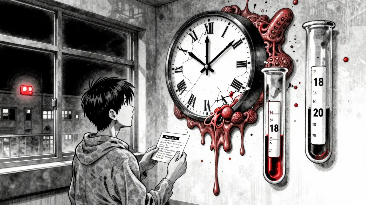 A patient clutches a steroid alert card in a hospital hallway as a melting clock transforms into adrenal glands.
