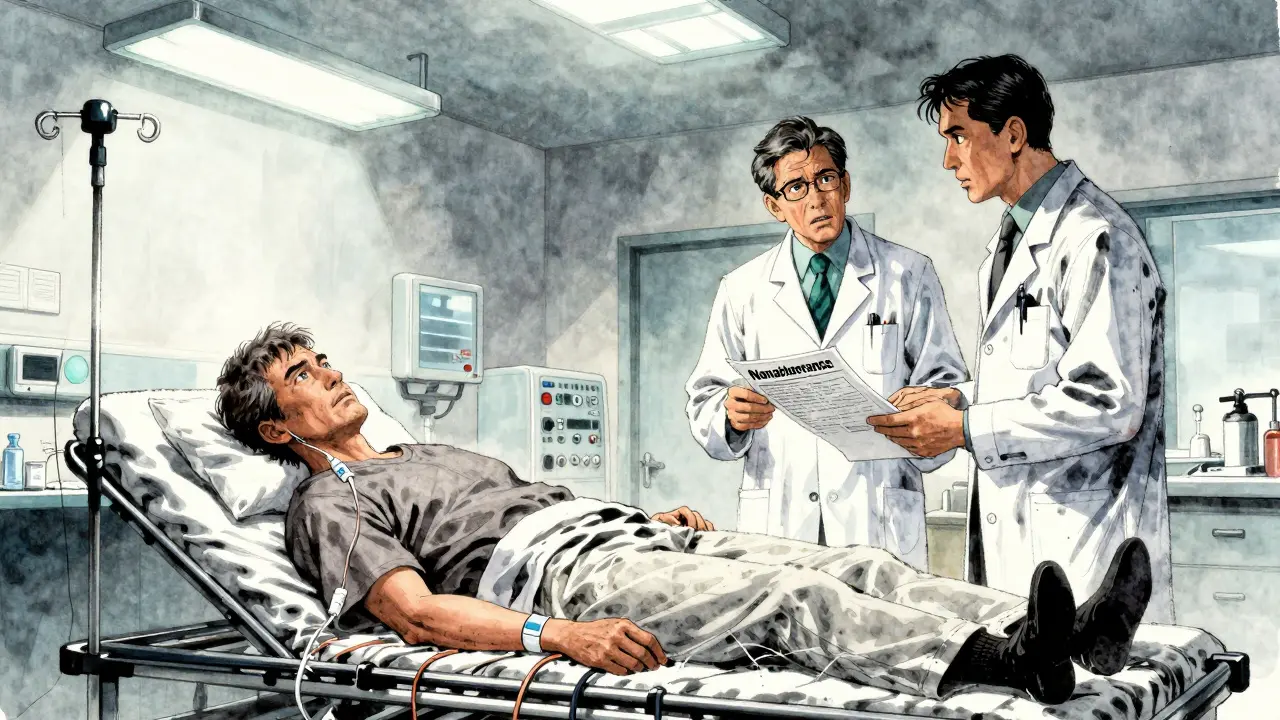 A patient unconscious in an ER, medical staff reviewing a chart marked 'Nonadherence' under harsh lights.