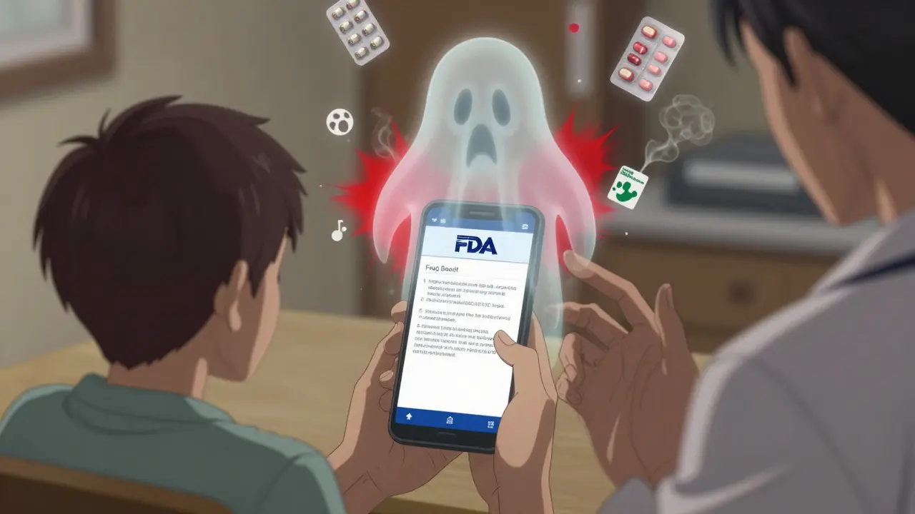 A patient views a recall alert on their phone as a ghostly drug hovers above them.