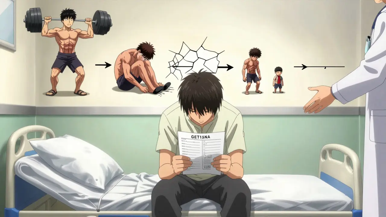 A person sits on a hospital bed holding a blood test, surrounded by a fading timeline of their physical decline.