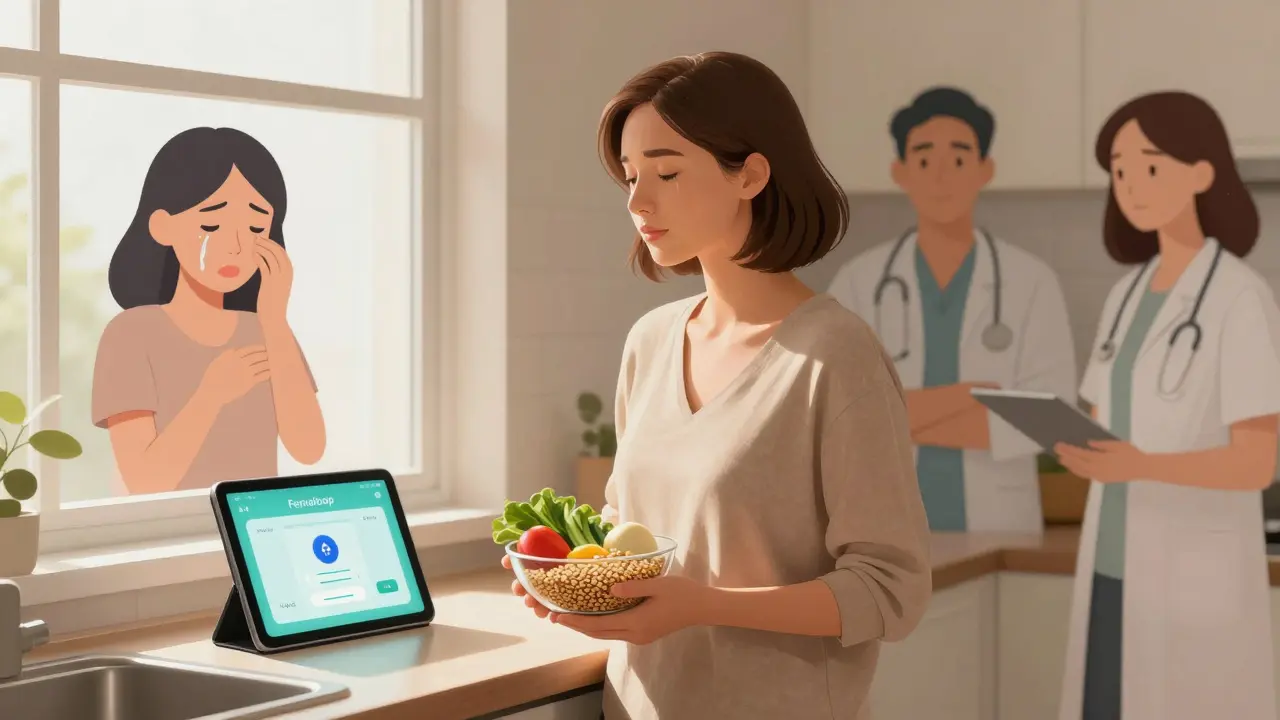 A woman in a kitchen, reflecting on past struggles, with a health app glowing softly beside her.