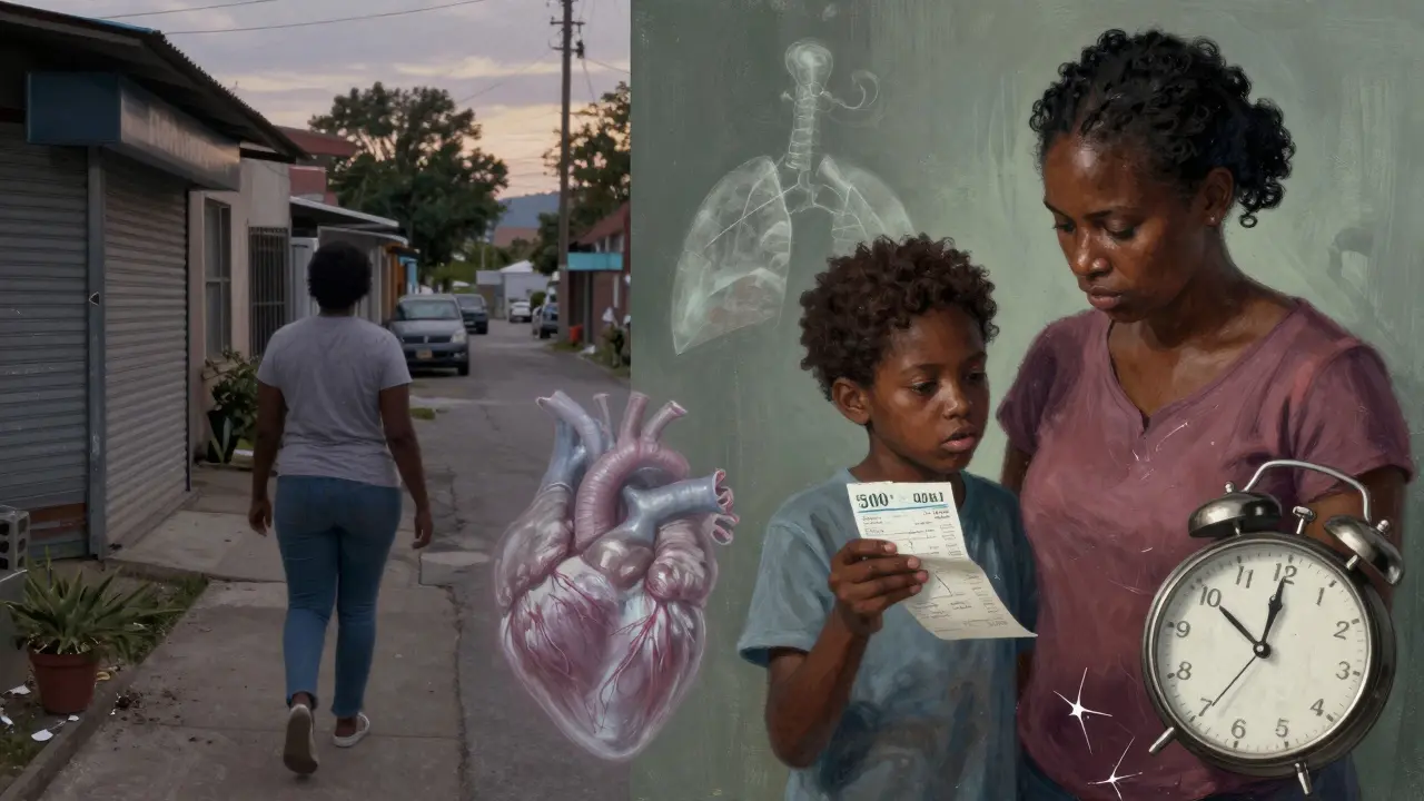 A woman stares at an unaffordable prescription while ghostly images of organ failure loom behind her.
