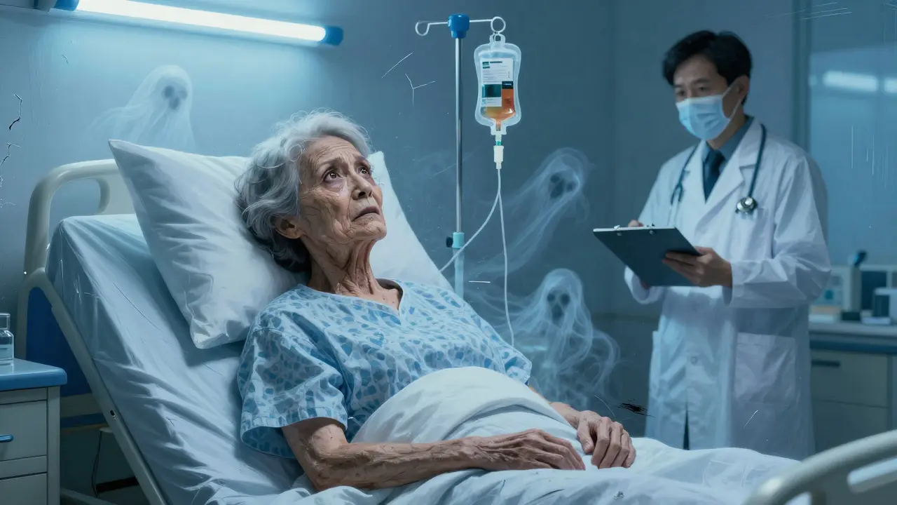 An elderly woman in a hospital bed with hallucinations, opioid IV visible, eyes filled with fear.