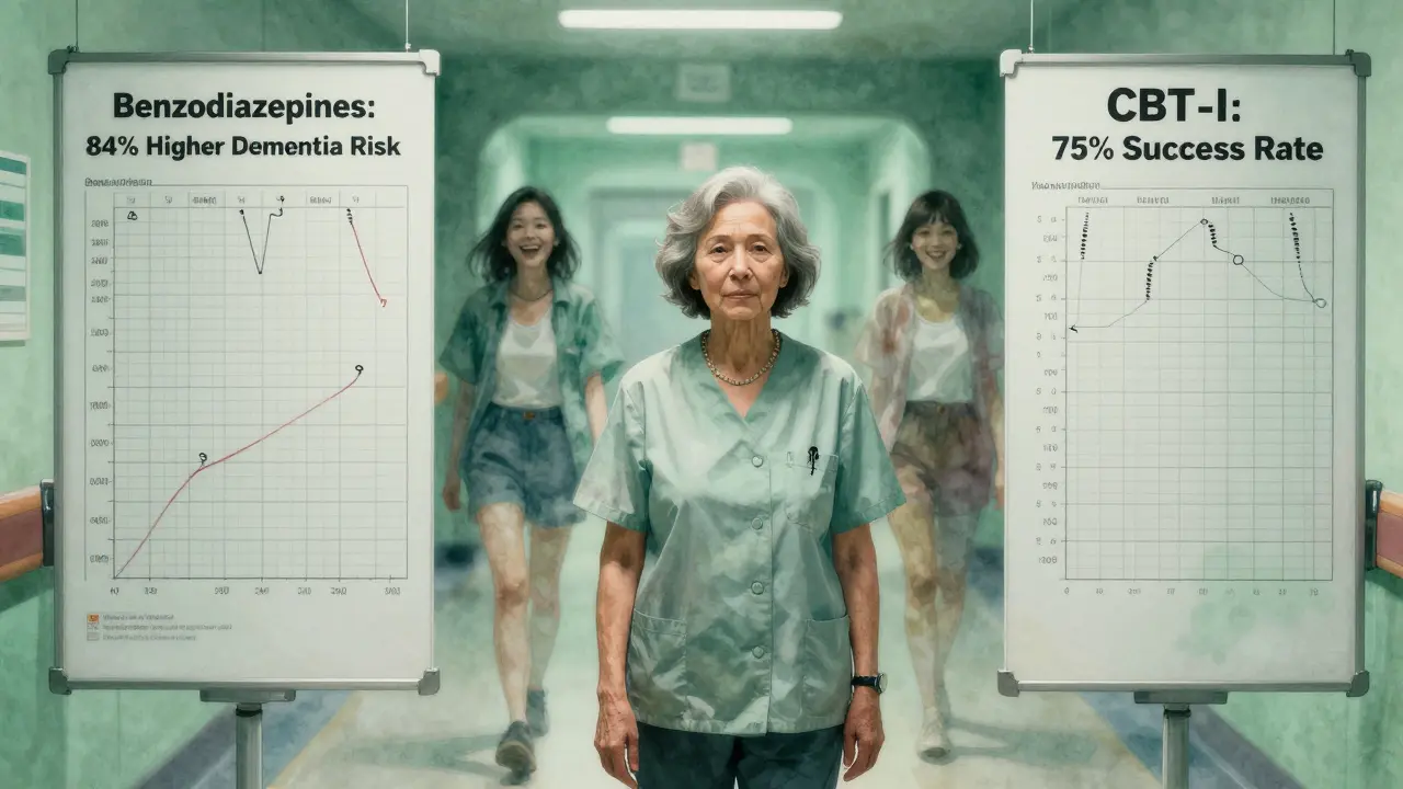 An elderly woman in a hospital hallway flanked by medical charts comparing benzodiazepine risks to CBT-I success rates.
