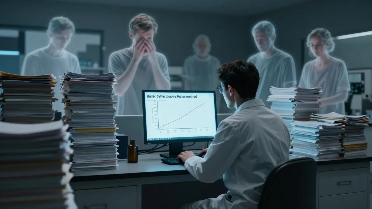 Biostatistician in dim lab facing a screen with complex stats, ghostly patient figures fading behind.