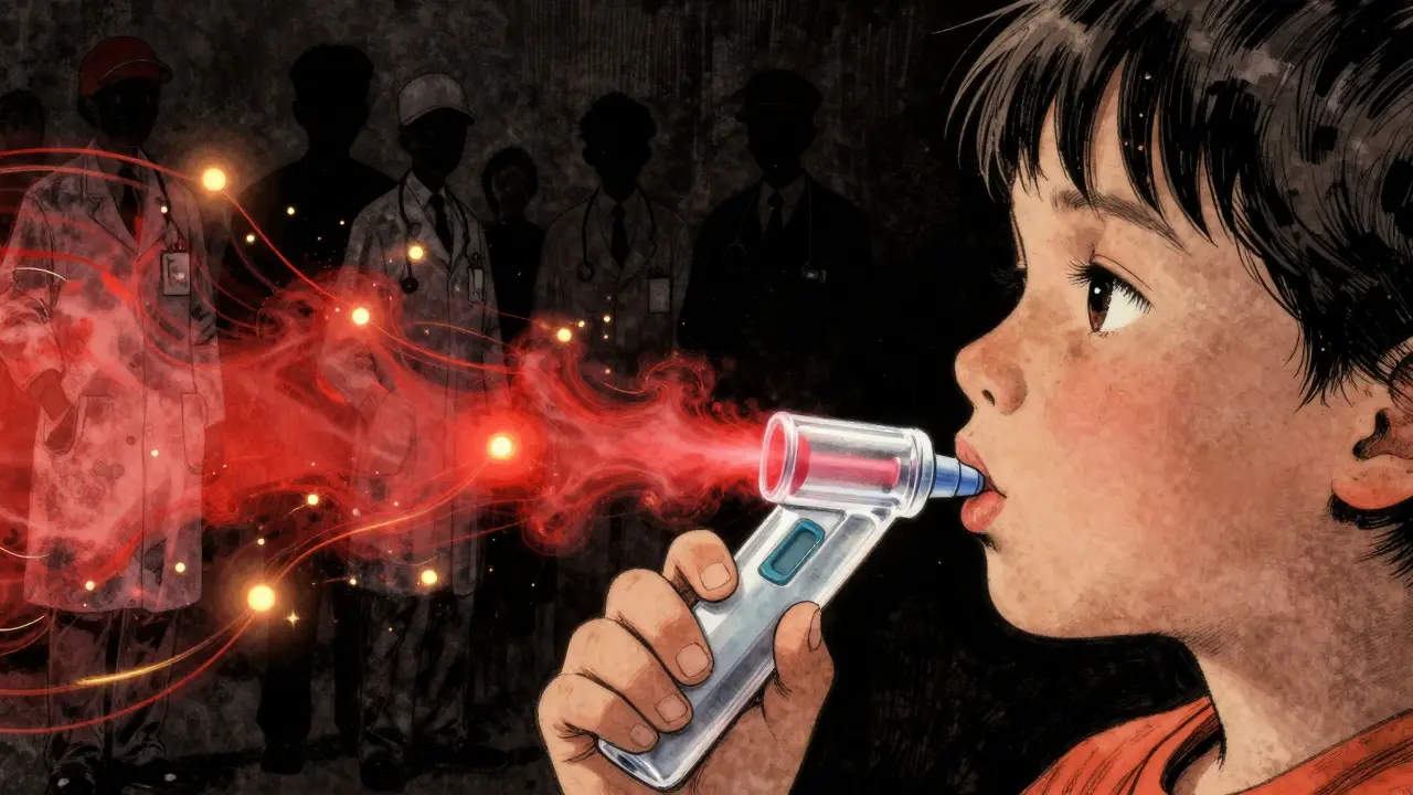 Child's breath visualized as glowing molecules inside a FeNO analyzer, abstract representation of airway inflammation.