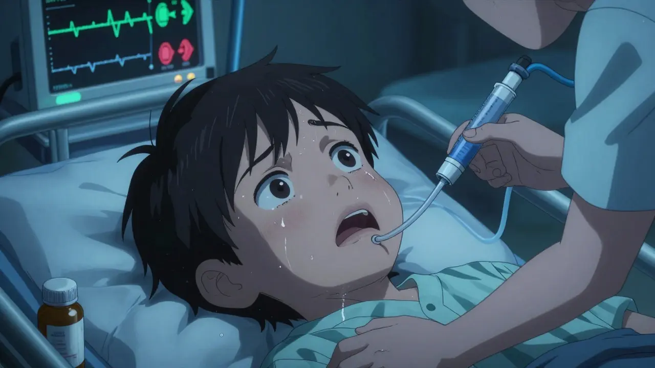 Child in hospital with dilated pupils and heart monitor showing irregular rhythm during treatment.