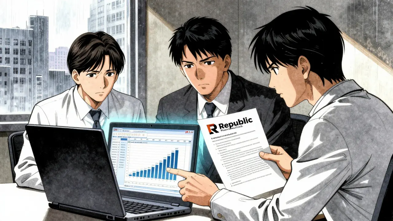 Clinic staff reviewing cost-saving spreadsheet after switching to bulk generic suppliers.