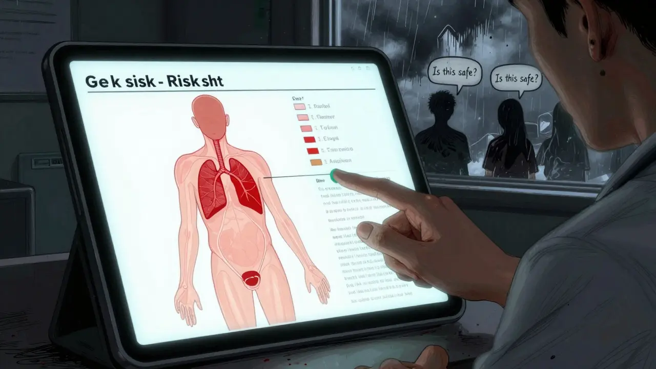 Doctor showing a patient a personalized medication risk map with acetaminophen highlighted in green.