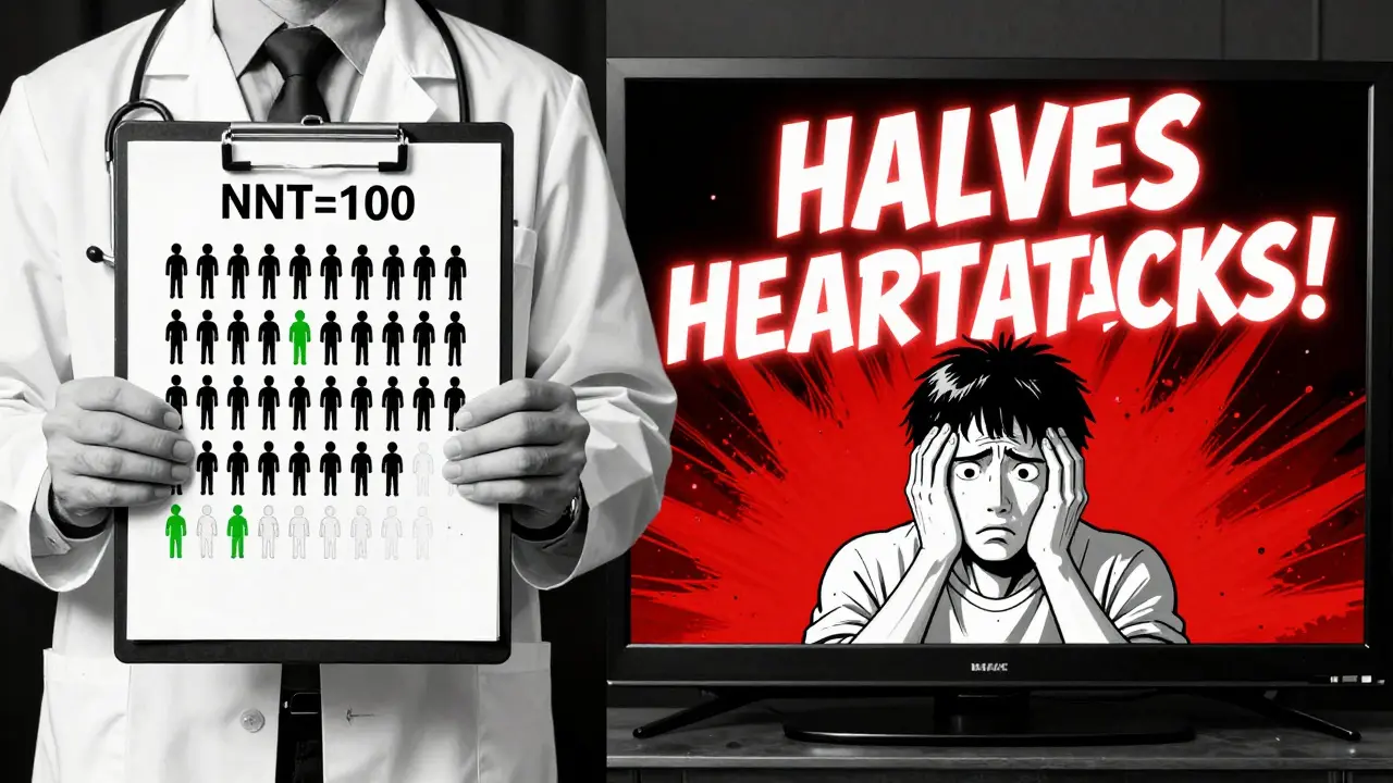 Doctor showing NNT chart while TV ad glows with misleading claims in background.