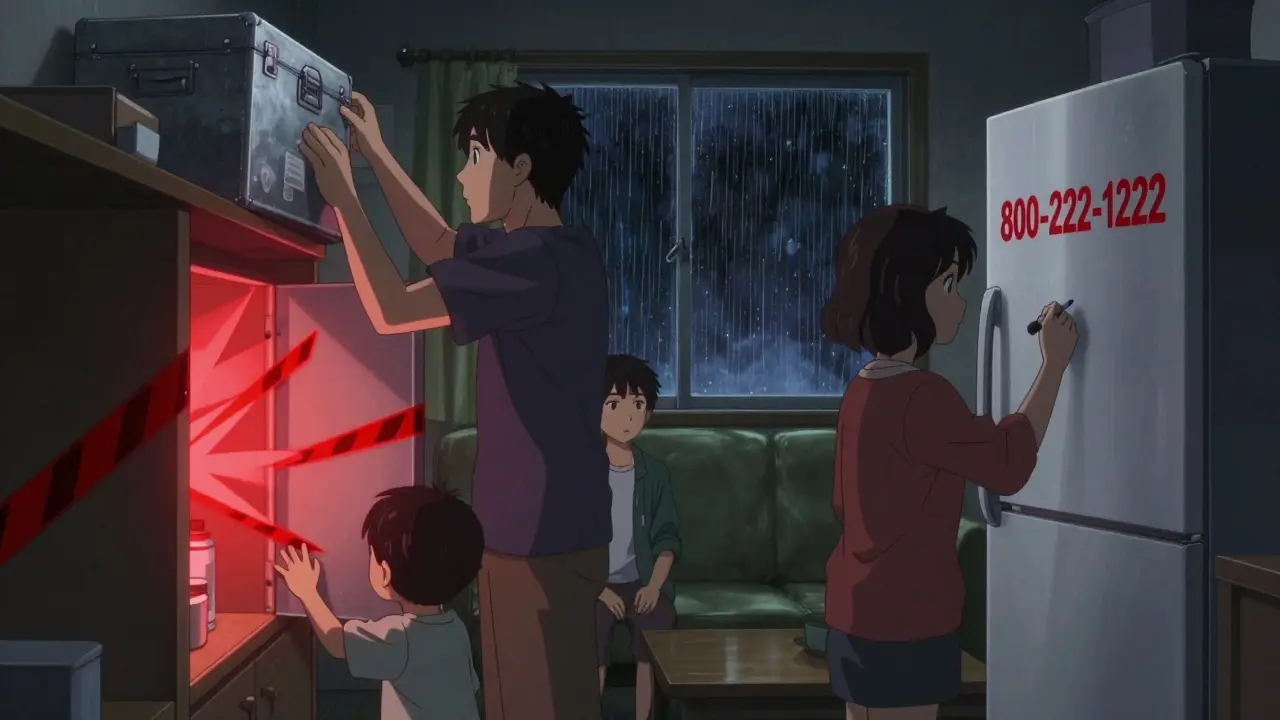 Family securing medicines in a locked box and writing Poison Control number on the fridge.