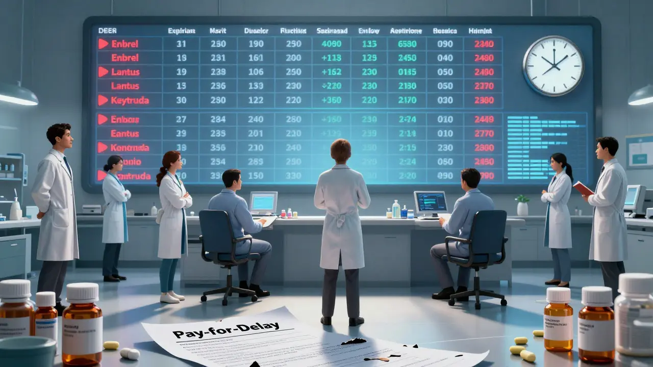 Healthcare staff monitor patent expiry alerts on a digital wall, shadows of pill bottles and contracts around them.