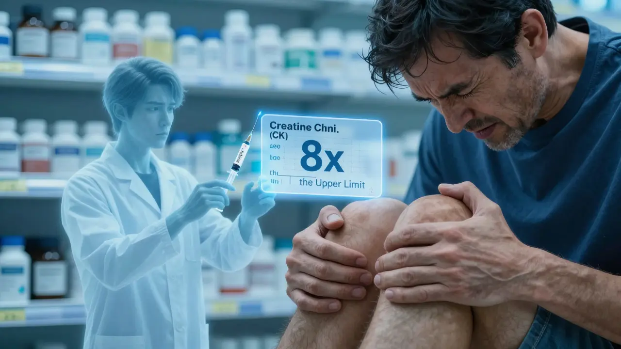 Man with muscle discomfort, translucent CK value floating nearby, ghost of anxious self reaching for syringe.