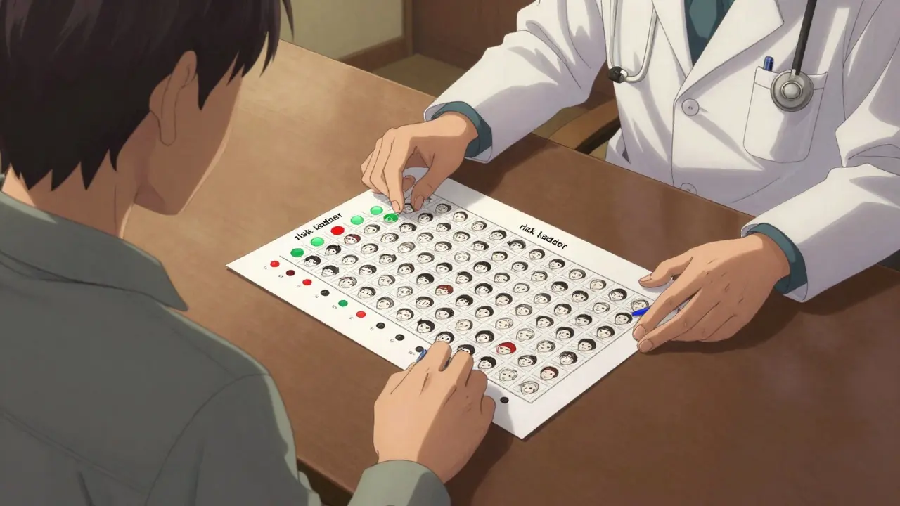 Patient and doctor examining a risk ladder with 100 faces showing benefits and side effects.