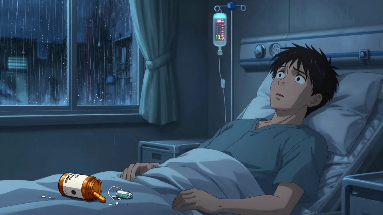 Patient in hospital with INR chart spiking to 10.5, turmeric supplement on floor beside warfarin.