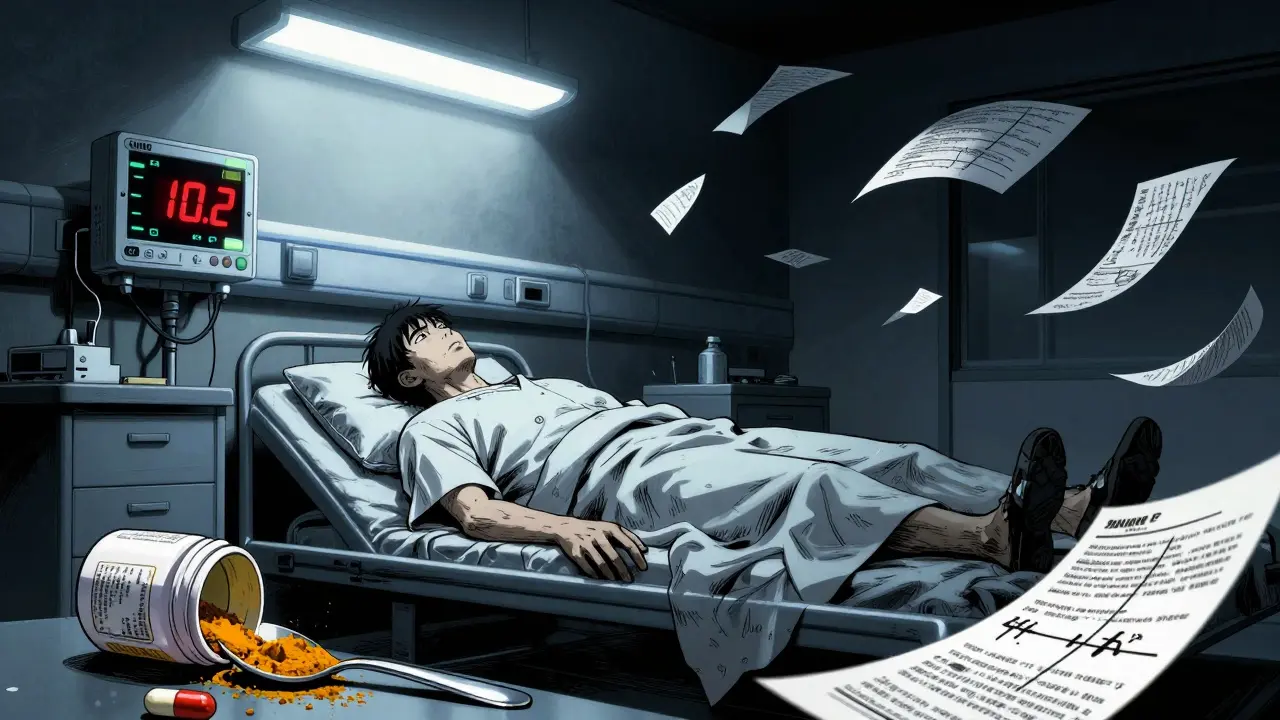 Patient in hospital with INR monitor reading 10.2, shattered turmeric capsule on floor.