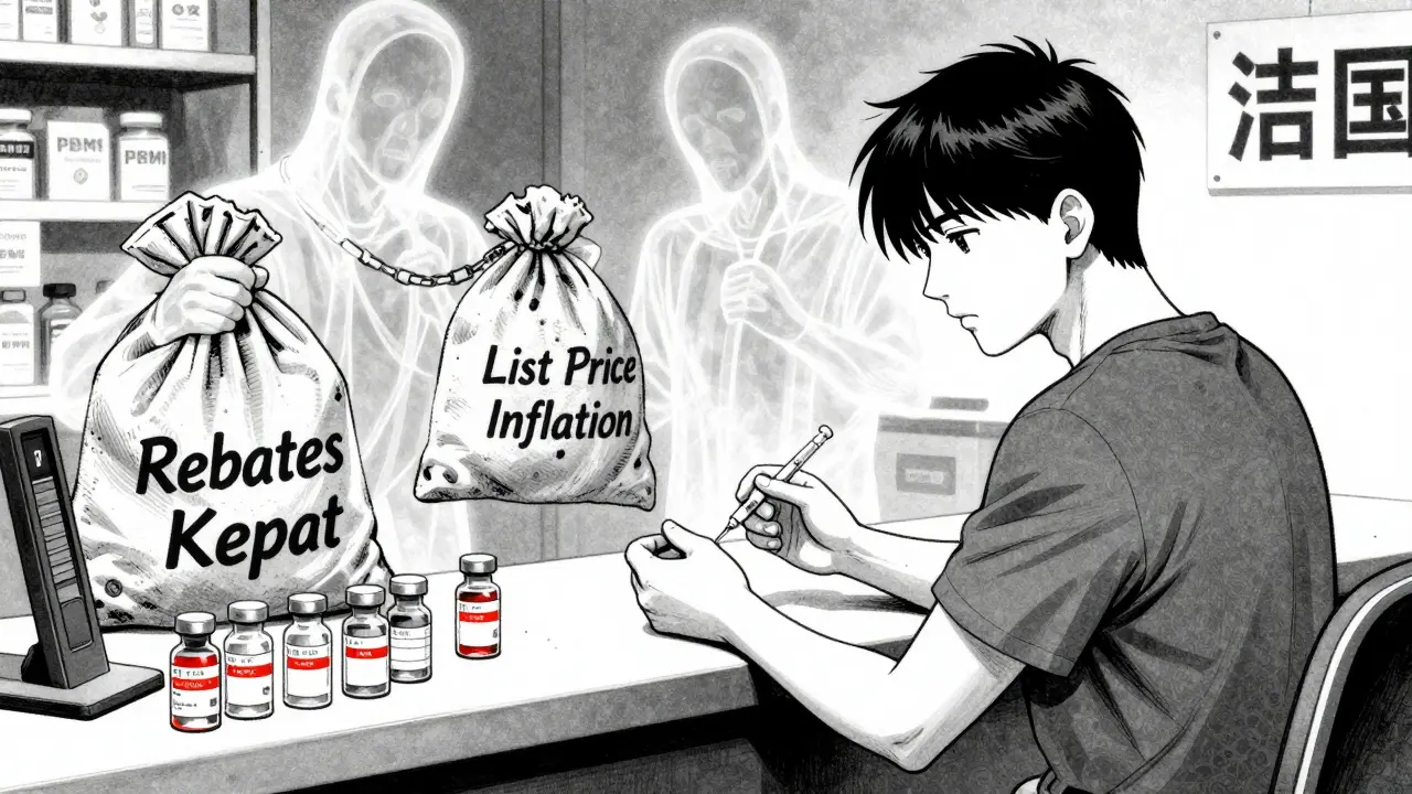 Patient receiving injection while corporate figures loom behind, symbolizing hidden drug pricing dynamics.