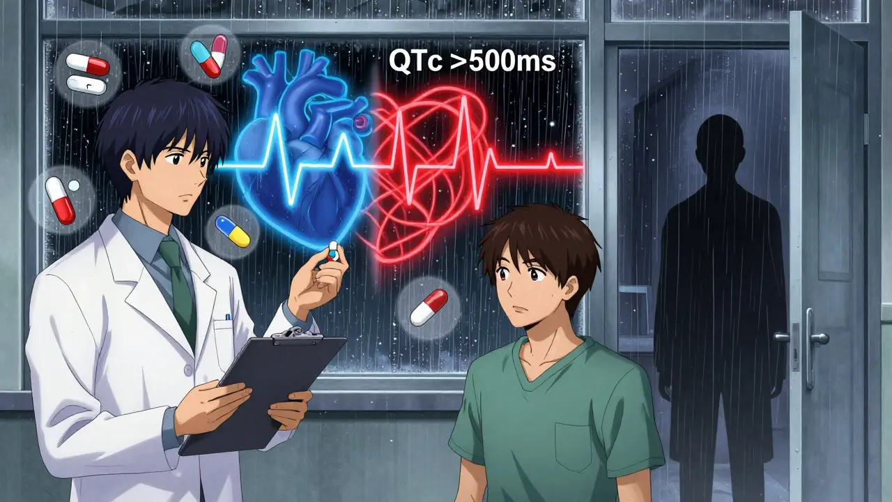 Pharmacist beside patient with split heart rhythm visualization and conflicting medications