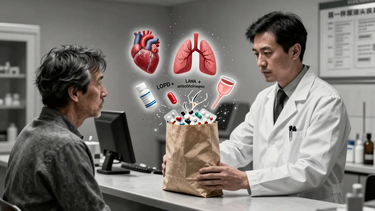 Pharmacist holding a brown bag of pills as dangerous drug interactions shatter around them.