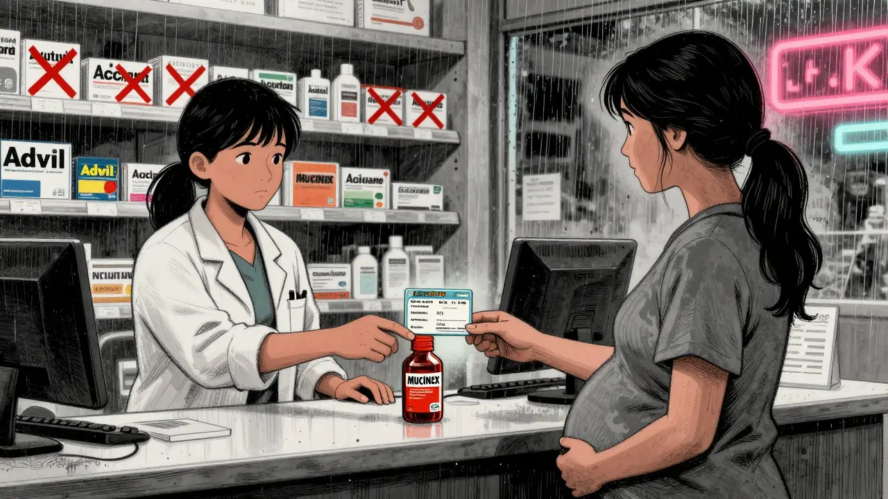 Pregnant woman buying guaifenesin at a pharmacy while banned drugs are marked with red slashes.