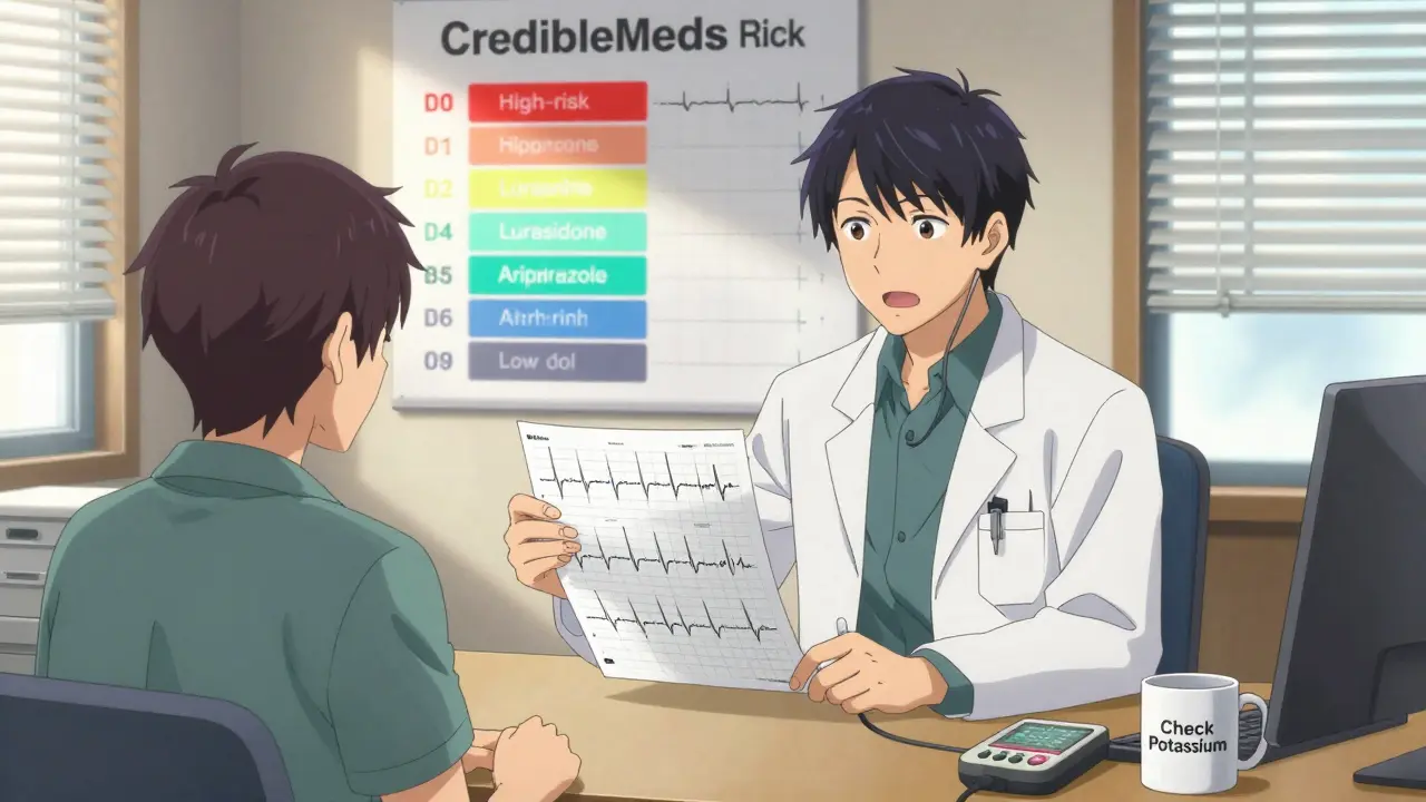 Psychiatrist comparing ECGs with risk tier chart and lurasidone highlighted in soft light
