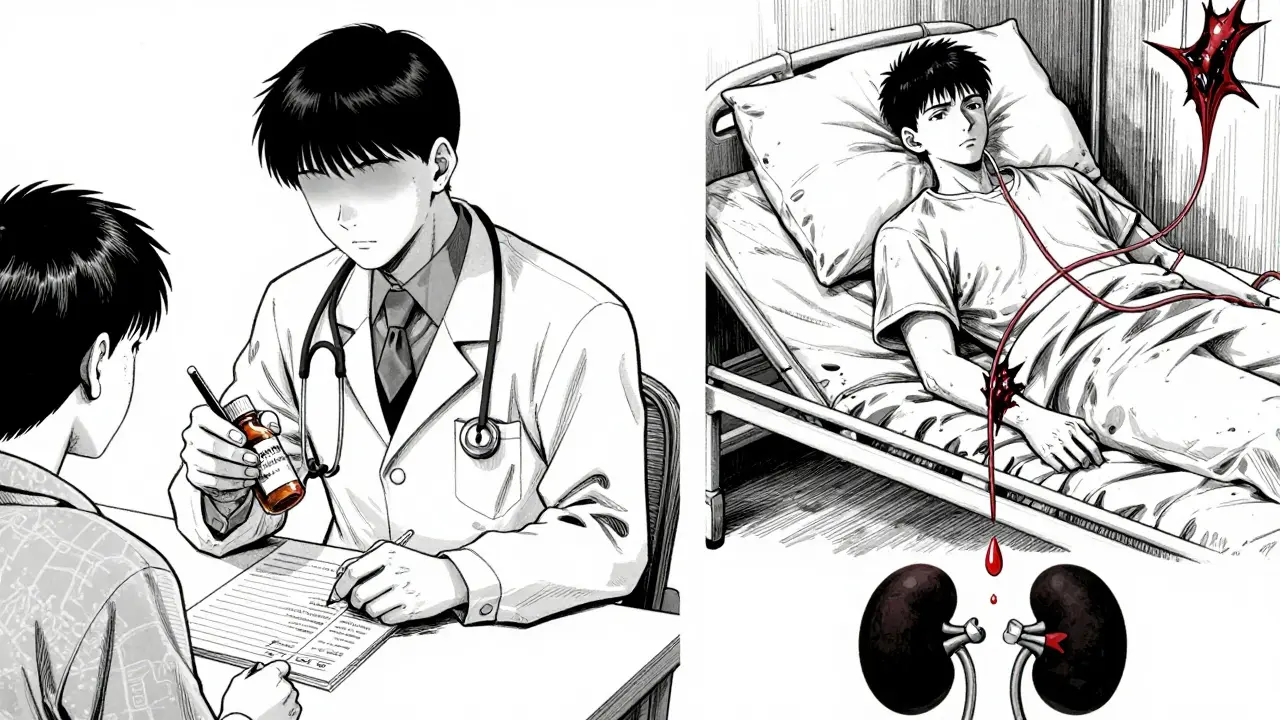 Split scene: doctor prescribing antifungal while patient suffers muscle damage, dark blood fragments floating.