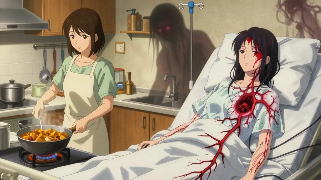 Split scene: peaceful cooking vs. hospital bed with bursting blood vessels and turmeric spirit.
