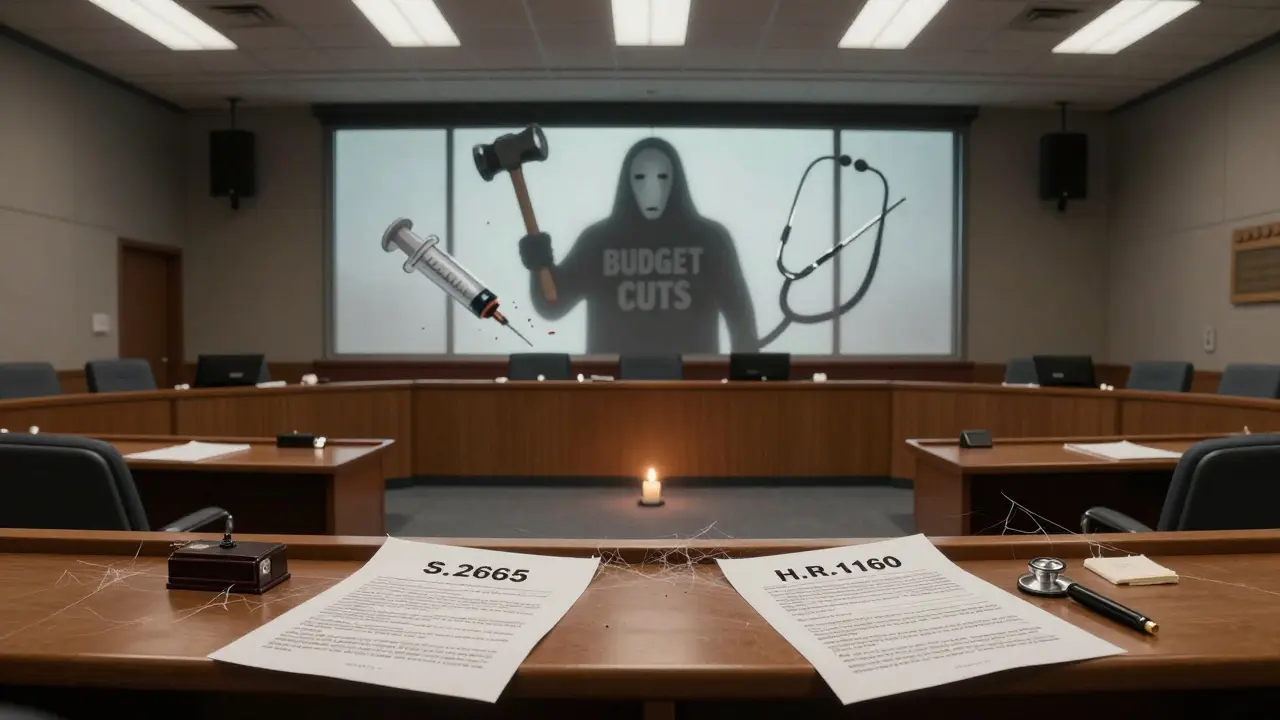 Two untouched congressional bills lie abandoned in a shuttered committee room during a government shutdown.