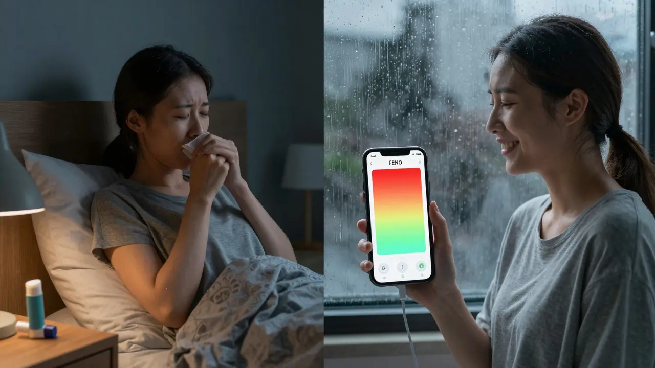 Woman comparing her symptoms to a smartphone FeNO test result, rain on window, emotional transformation depicted.
