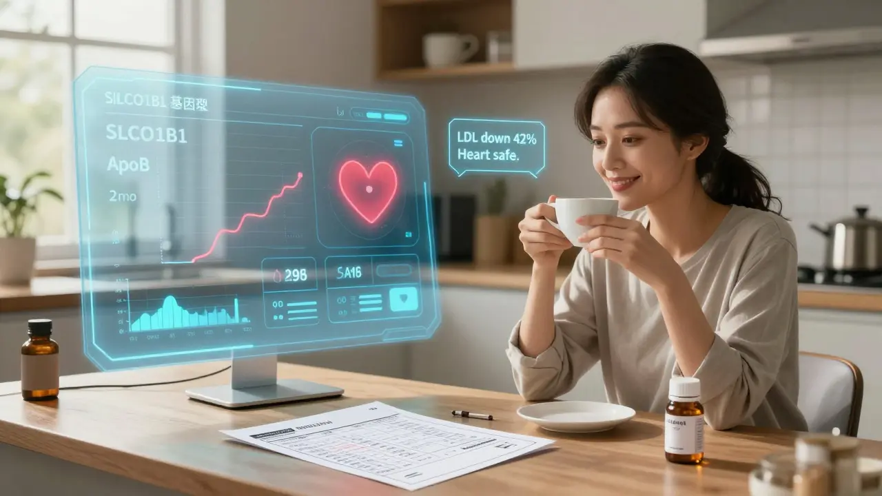 Woman in kitchen with futuristic health display showing ApoB and heart icon, single lipid report on counter.